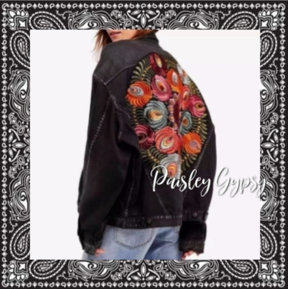 Black Denim Floral Embroidered Oversized Jacket - Picture 6 of 15